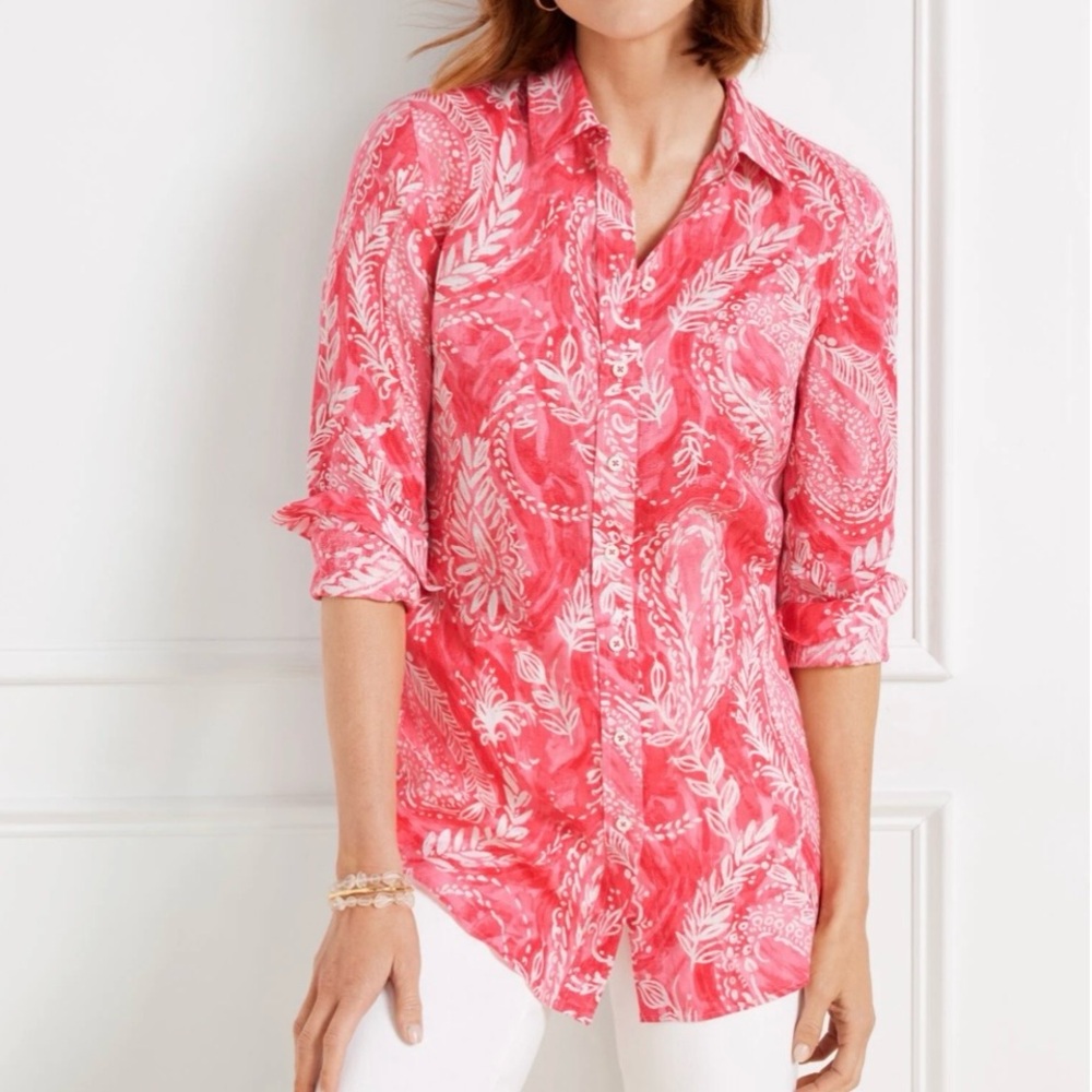 Talbots Linen Women's Pink Paisley Long Sleeve Blouse Size Medium cottagecore